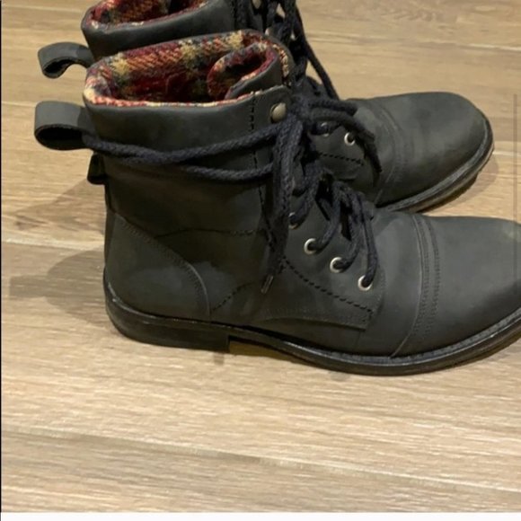 Walker & Whyte Men Black Leather Plaid Lining Combat Boots Size 10